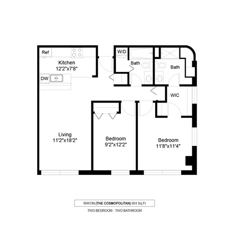 Floor plan for 2 beds, 2 baths, 804 sqft